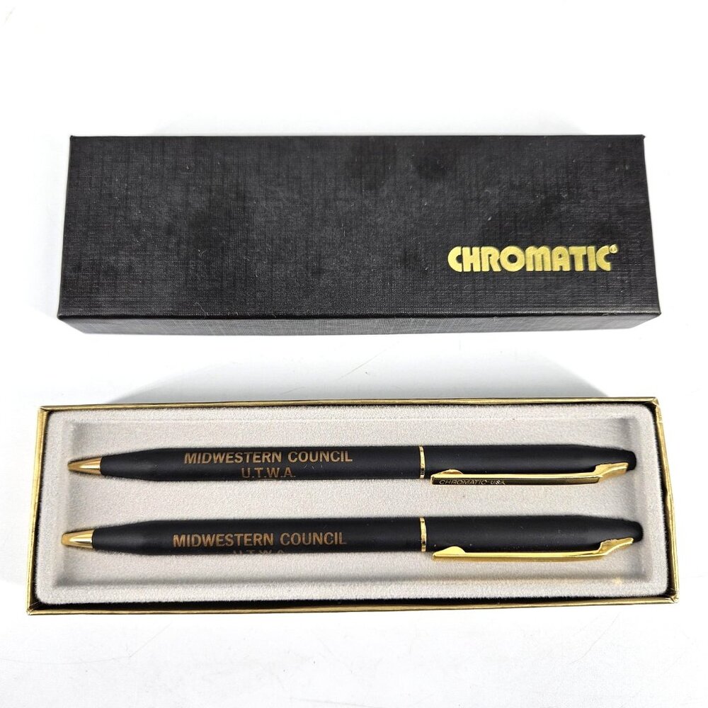Vint Chromatic Ballpoint Pen Set 2 Black Midwestern Council UTWA Promo Box USA